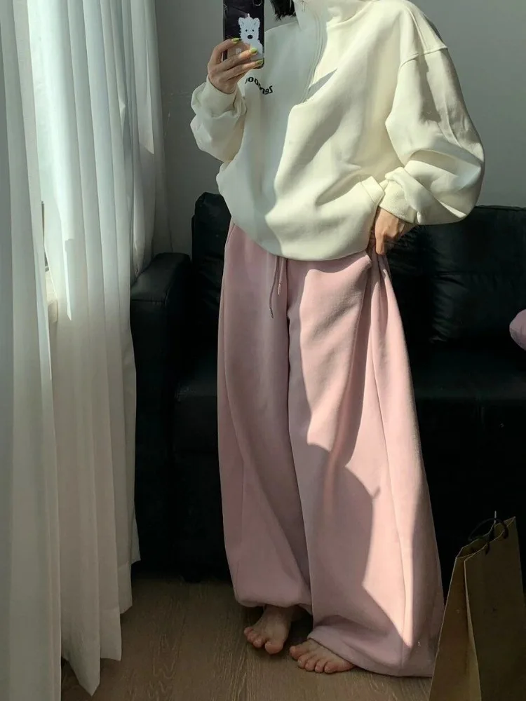 HOUZHOU Y2k Vintage Baggy Warm Sweatpants Pink Thick Korean Fashion Oversized Pants Harajuku Streetwear Trousers Winter Autumn 3