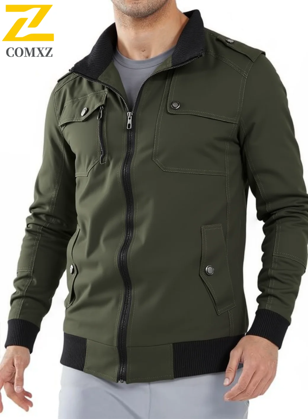 Mens Cotton Jacket Full Zip Big Size Lightweight Fall Coat Stand Collar Multiple Pockets Casual