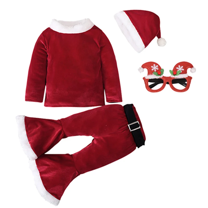 thumbnail image 1 of Baby Girls Christmas Cosplay Santa Claus Costume For Kids Xmas Party Red Clothes Tops+ Pants+Hat+Belt Children New Year Outfits, 1 of 5