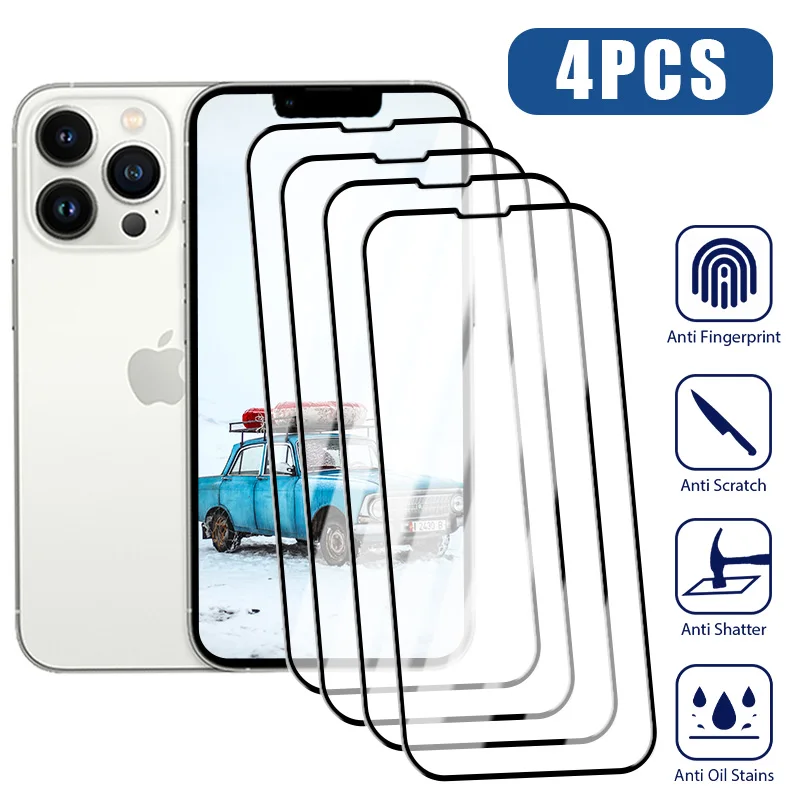 4pcs Full Cover Protective Glass For Iphone 14 13 12 11 Pro Max Mini