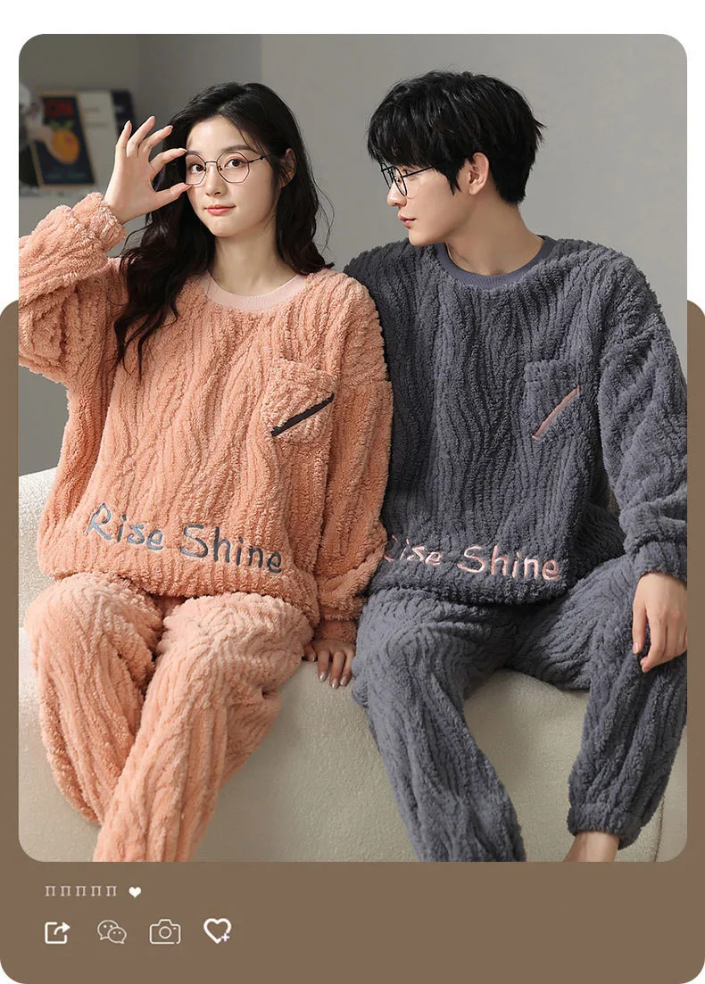 Yasuk Winter Women's Men Casual Warm Soft Sleepwear Pajamas With Pants Velvet Fleecel Couple Unisex Simple Print Thick