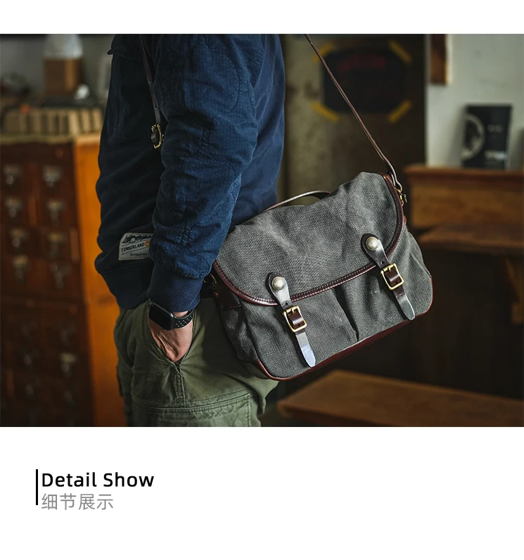 Modische Vintage Casual Luxus Canvas Erste Schicht Leder Herren Messenger-Tasche Business Outdoor Reise Designer Schultertasche – Detail 18
