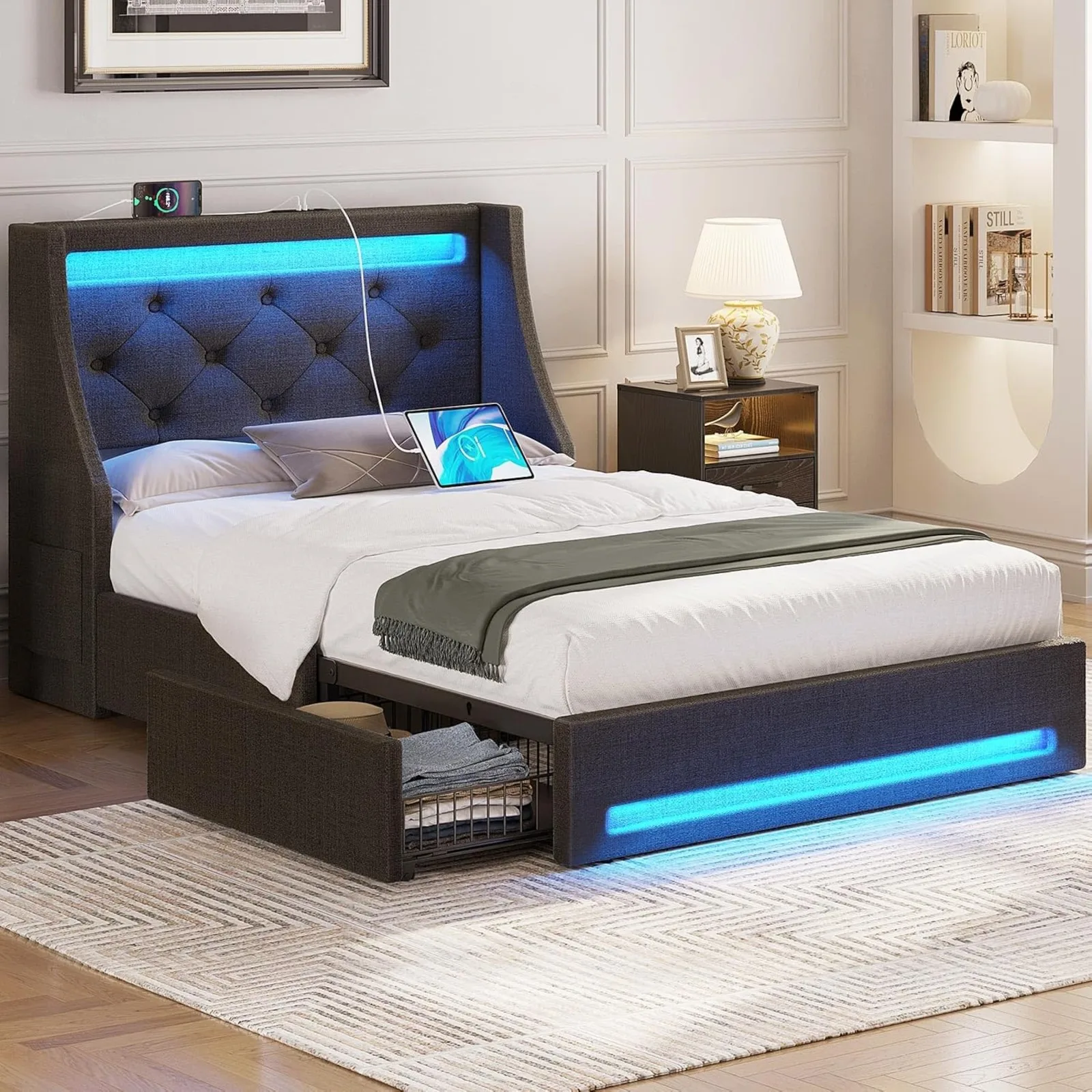 US Twin Bed Frame with LED Lights and Charging Station, Upholstered Bed with Drawers, Wooden Slats, Noise Free, Easy Assembly