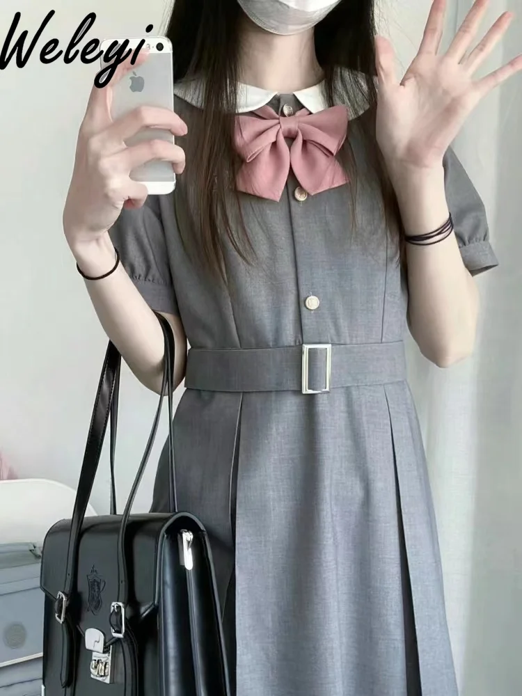 

Sweet Women's Gray Bow Belted Dress Student 2024 Summer New Preppy Style Cute Kawaii Doll Collar Short Sleeve Dresses for Women