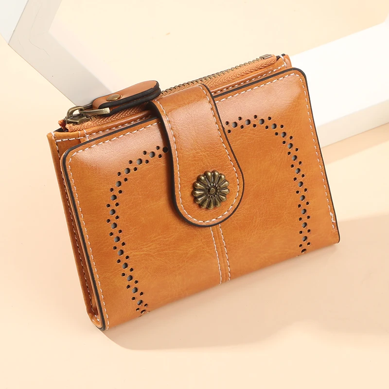 Anti theft brush wallet for women 2025 new oil wax leather wallet with multiple card slots, zero wallet, European and American w 4