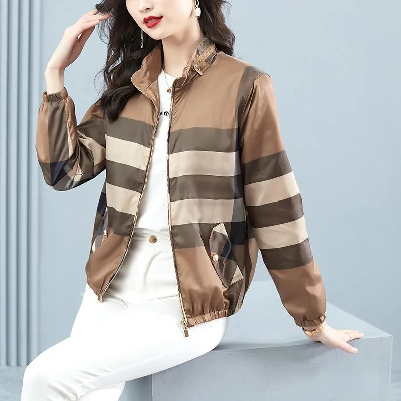 

Тонкая Солнцезащитная куртка в клетку, ветровка, короткая куртка, Женская весенне-летняя верхняя одежда, кардиган, бейсбольная форма, женские топы, 2023