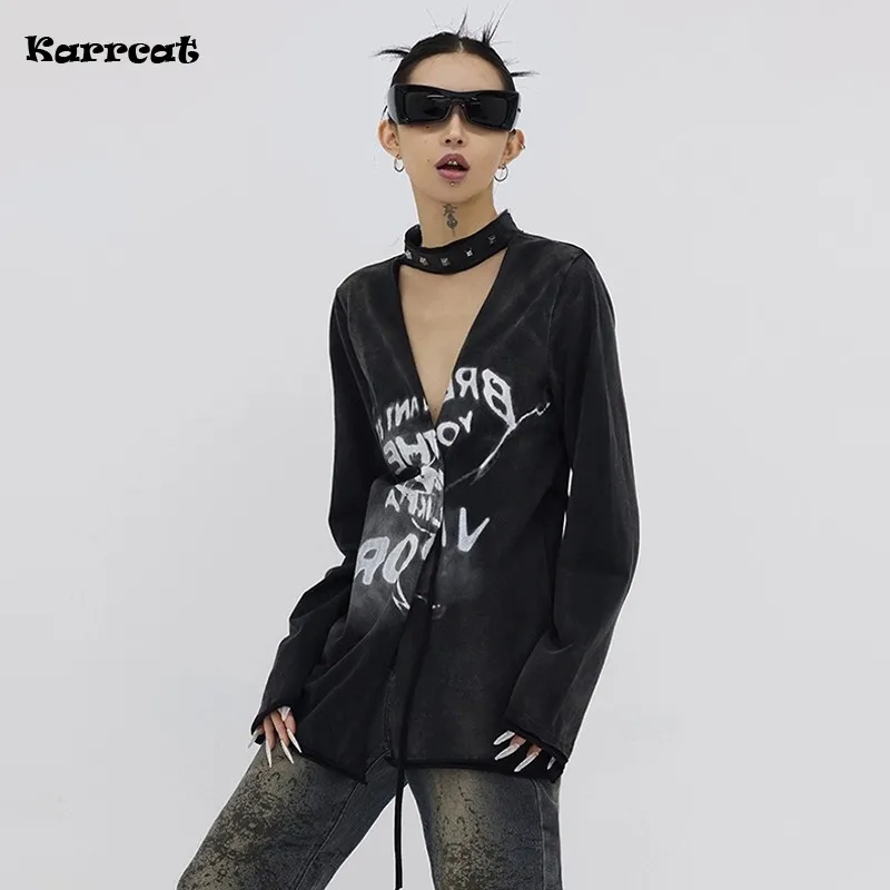 

Karrcat Grunge Aesthetics Distressed Shirt Cyber Y2k Black Blouses Gothic Graffiti Print Shirts Yamamoto Style V-neck Clothes