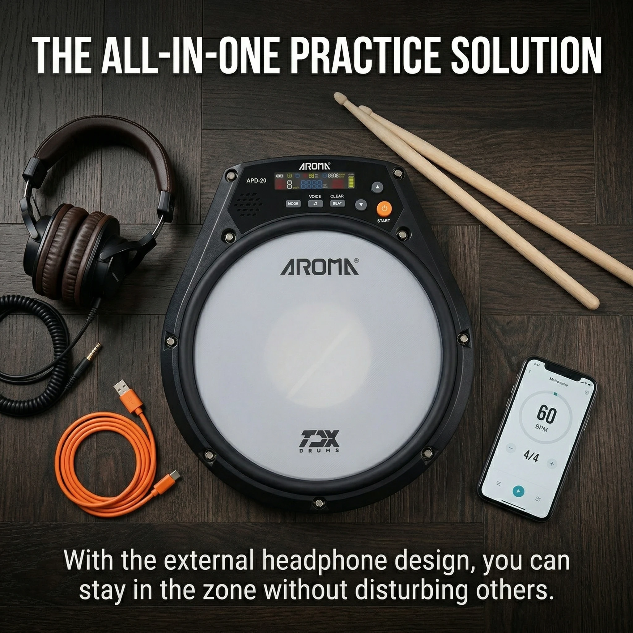Aroma APD-20 Dumb Drum Pad משטח רשת מתכוונן נייד לאימון כלי הקשה חלקי מוזיקה לאולפן תרגול תופים שקט