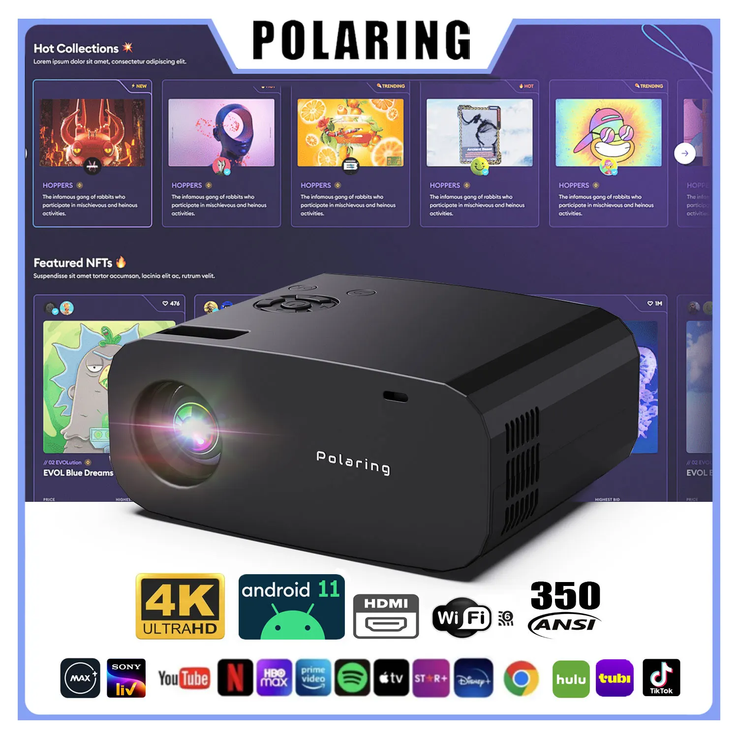Polaring P7 Pro Android Projector AllWinner H713 6G Wifi BT 350Ansi Cinema Home Keystone HDMI Proyector 1080P 4K projector