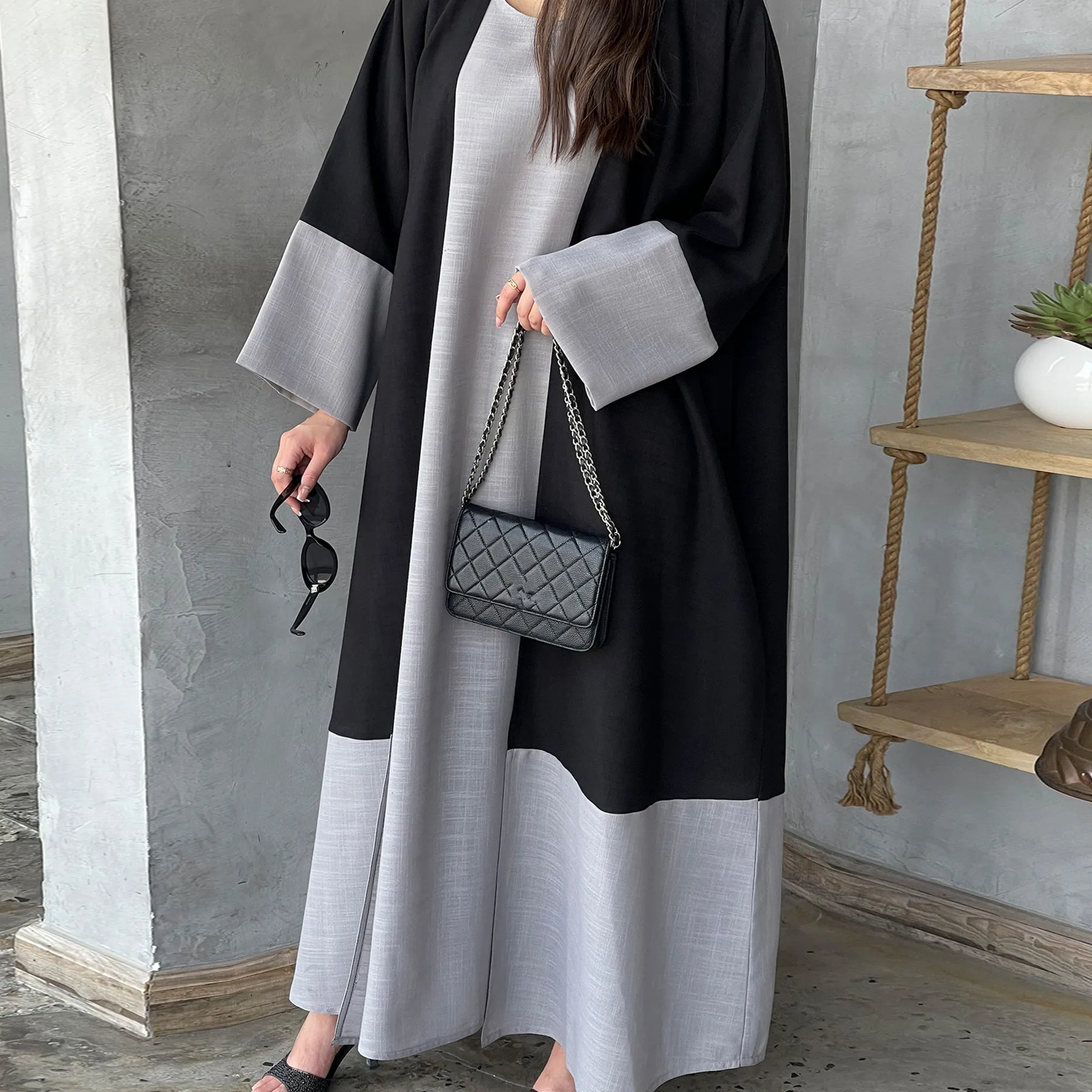 

2Pcs Open Abaya Fashion Women Muslim Kimono Inner Maxi Dress Set Turkey Dubai Kaftan Arab Robe Isalmic Caftan Jalabiya Long Coat