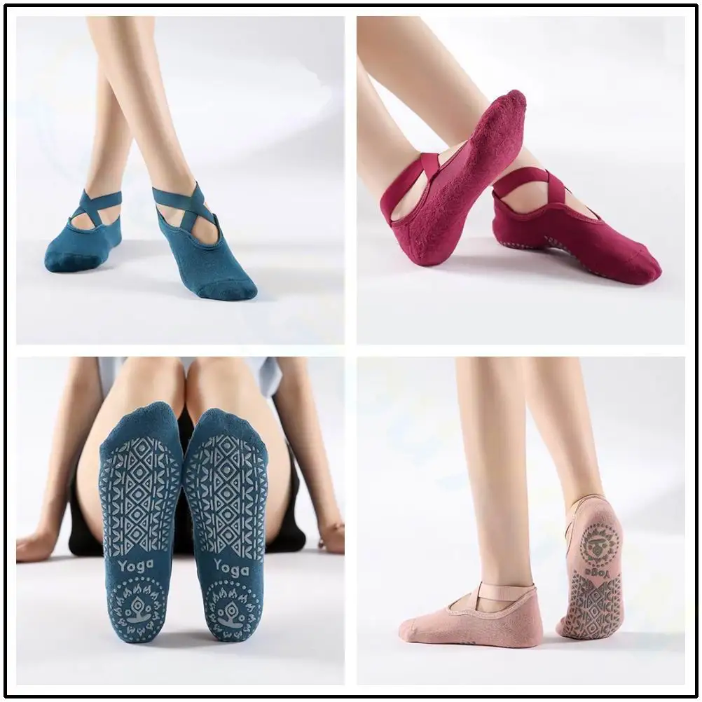 Yoga Socks for Women Non-Slip Grips & Straps, Bandage Cotton Sock, Ideal for Pilates Pure Barre Ballet Dance Barefoot Workout