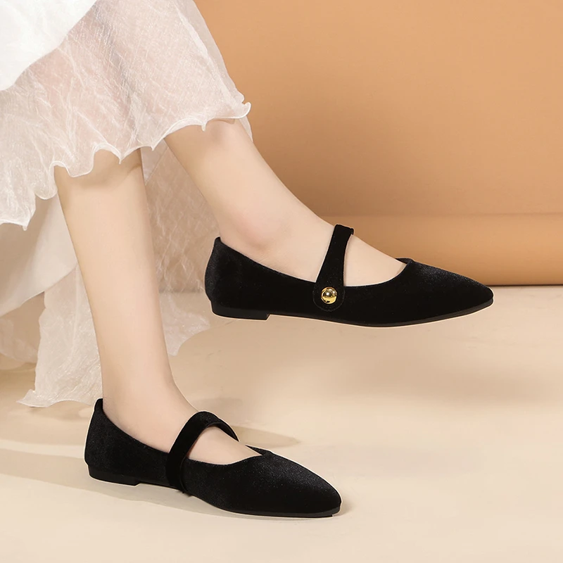 Elegant Velvet Ballet Flats Woman Luxury Velour Mary Jane Shoes Ladies Pointed Toe Buckle Strap Loafers In Purple Green 4