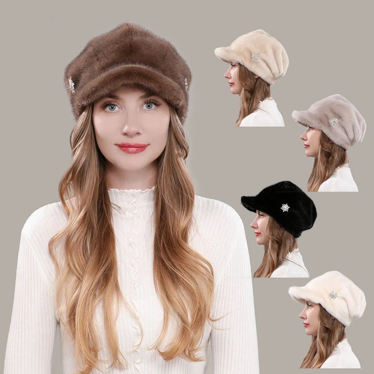 Women's Winter Faux Mink Fur Flower Decoration Thickened Baseball Cap Luxury Warm Solid Color Winter Warm Duckbill Cap
