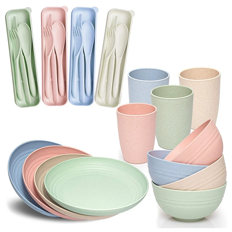 

Wheat Straw Dinner Set - (28Pcs) Lightweight & Unbreakable Dinner Set -Reusable Plates, Cups, Bowls And Cutlery