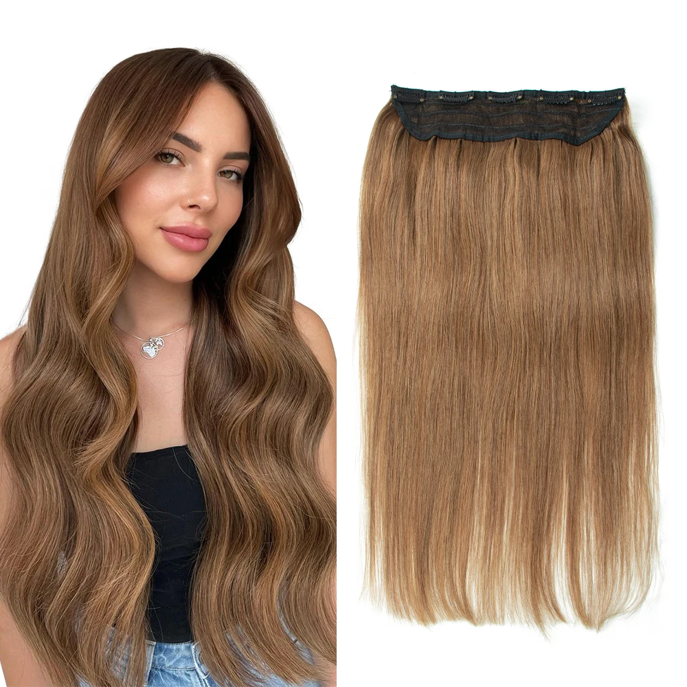 

#6 Medium Brown Clip In Human Hair One Piece Natural Hair Extensions Straight Clip-On Add Volume HairPieces 14 18 22 inch 60 1B