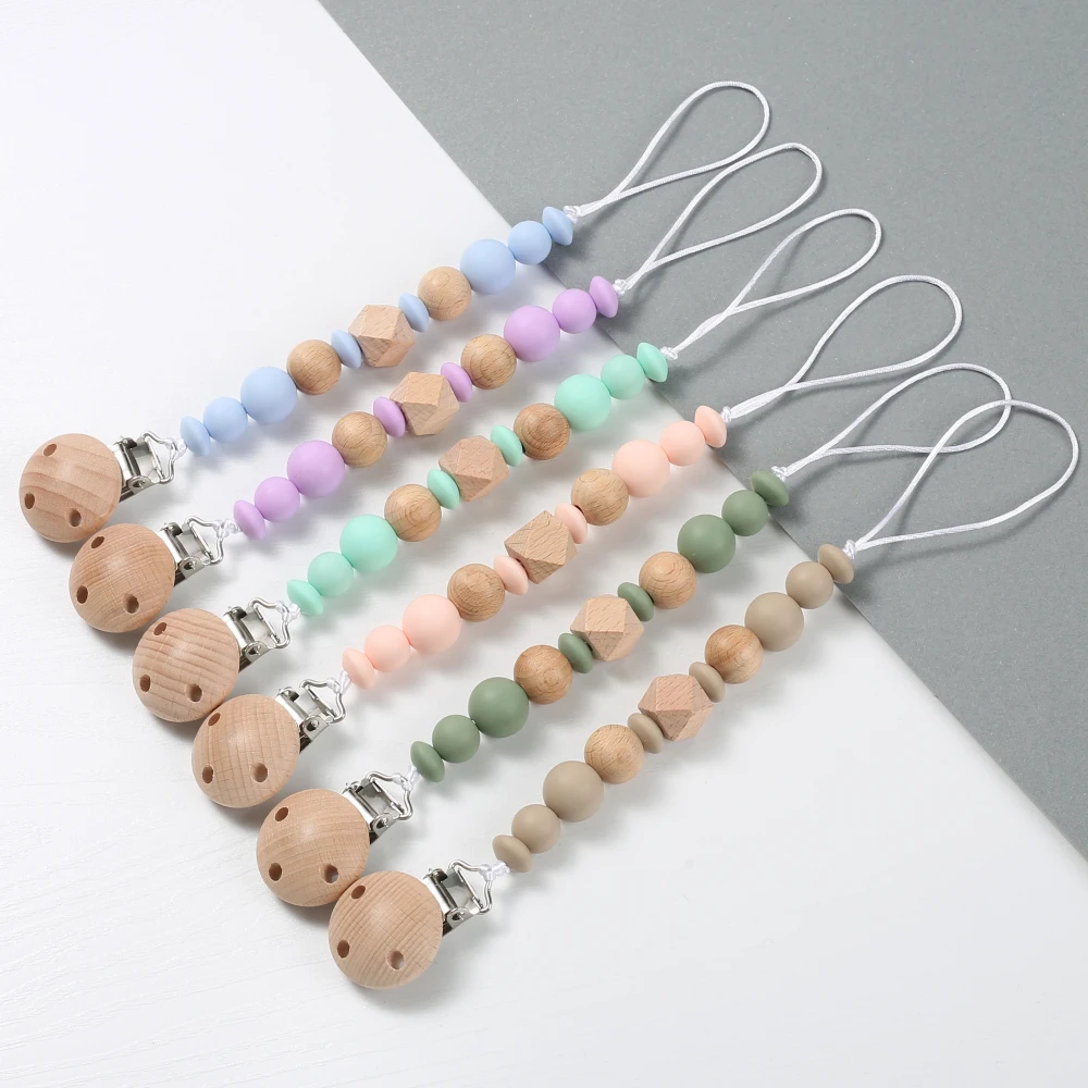 Wood Baby Pacifier Chain Clips Silicone Round Octagonal Beads Teething Chain For Infant Appease Soother Dummy Holder Clip