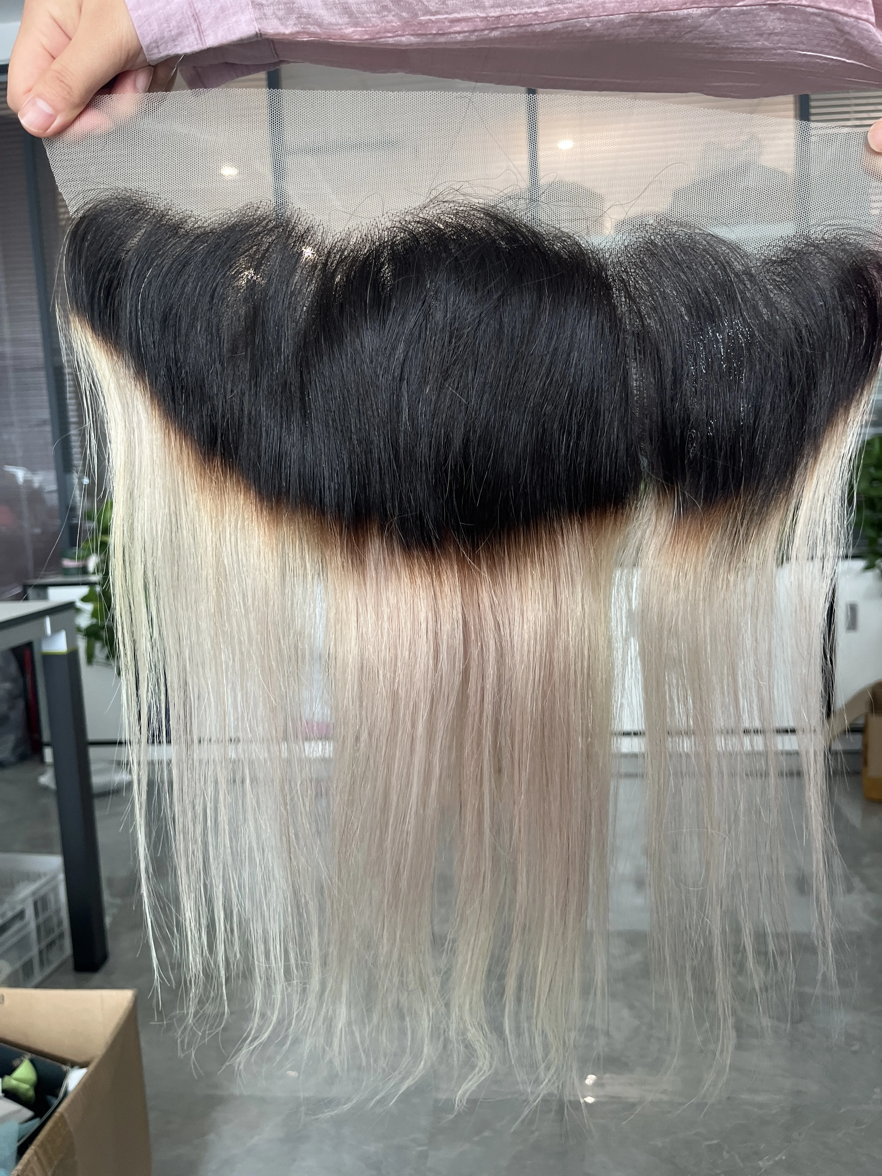 Ombre Grey Blonde 13x4 Lace Frontal Closure Straight 100% Human Hair Pre-Plucked Transparent Lace Free Part Remy Hair BOBBI