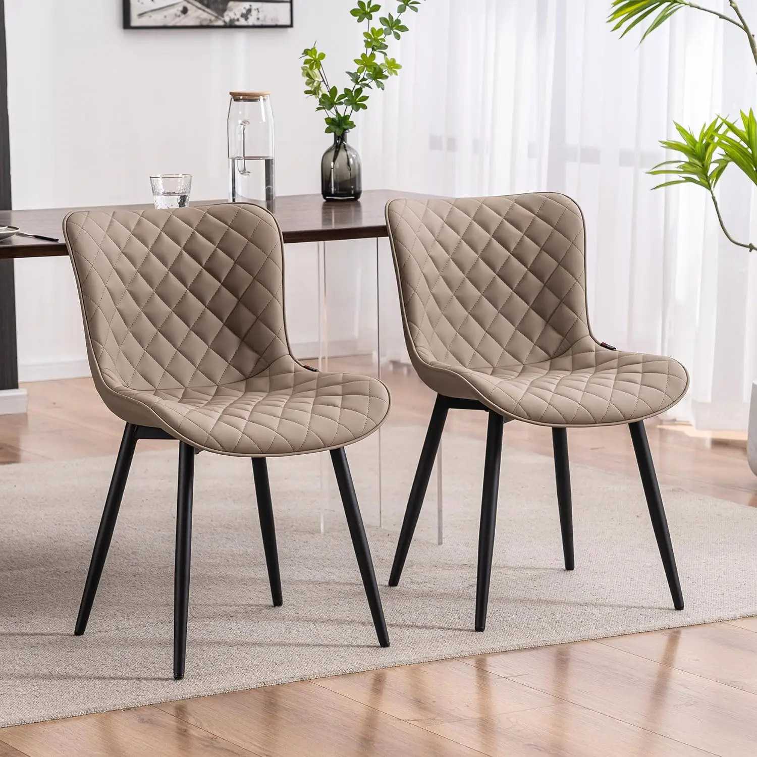 

Khaki Dining Chairs Set of 2 Mid Century Modern PU Leather Diamond Upholstered Accent Guest Dinner Chair