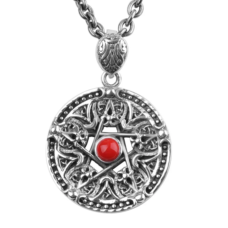 

New S925 silver jewelry personalized men's five star round brand South Red Pendant Necklace