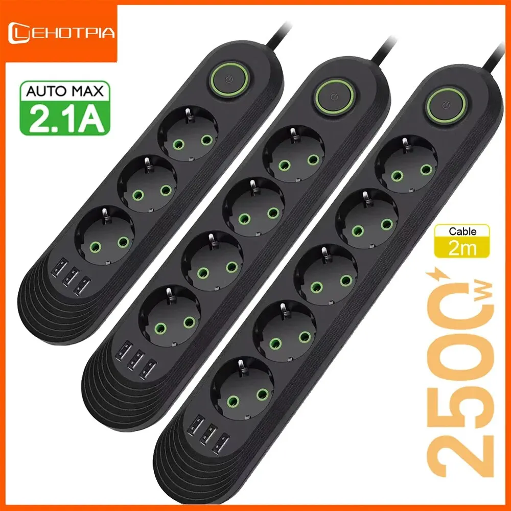 Power Strip 2500W EU Plug AC Outlet 2m Extension Cord Electrical Socket Network Filter USB Ports Fast Charging