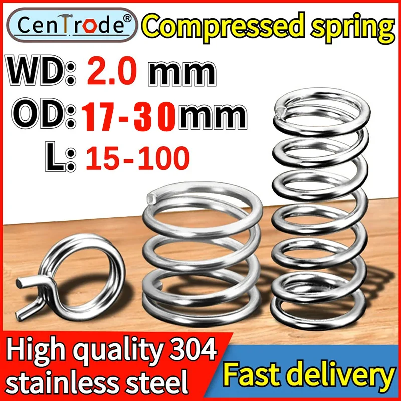 5PCS  304 Stainless Steel Compressed Spring Wire Diameter 2.0mm External Diameter 17-30mm Pressure Spring length15-100mm