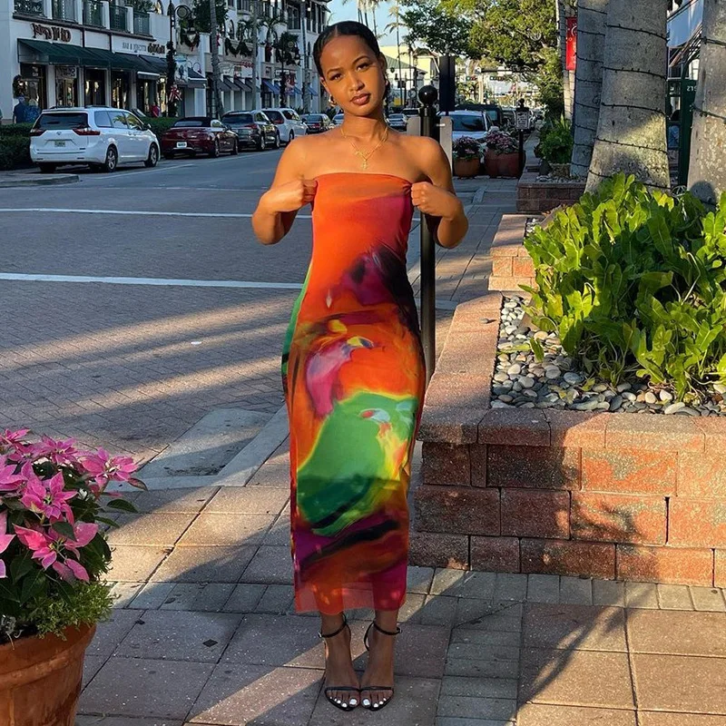 

Sexy Strapless Summer Dress Colorful Off Shoulder Sleeveless Tie Dye Print Tube Mesh Maxi Dress Beach Vacation Outfit For Women