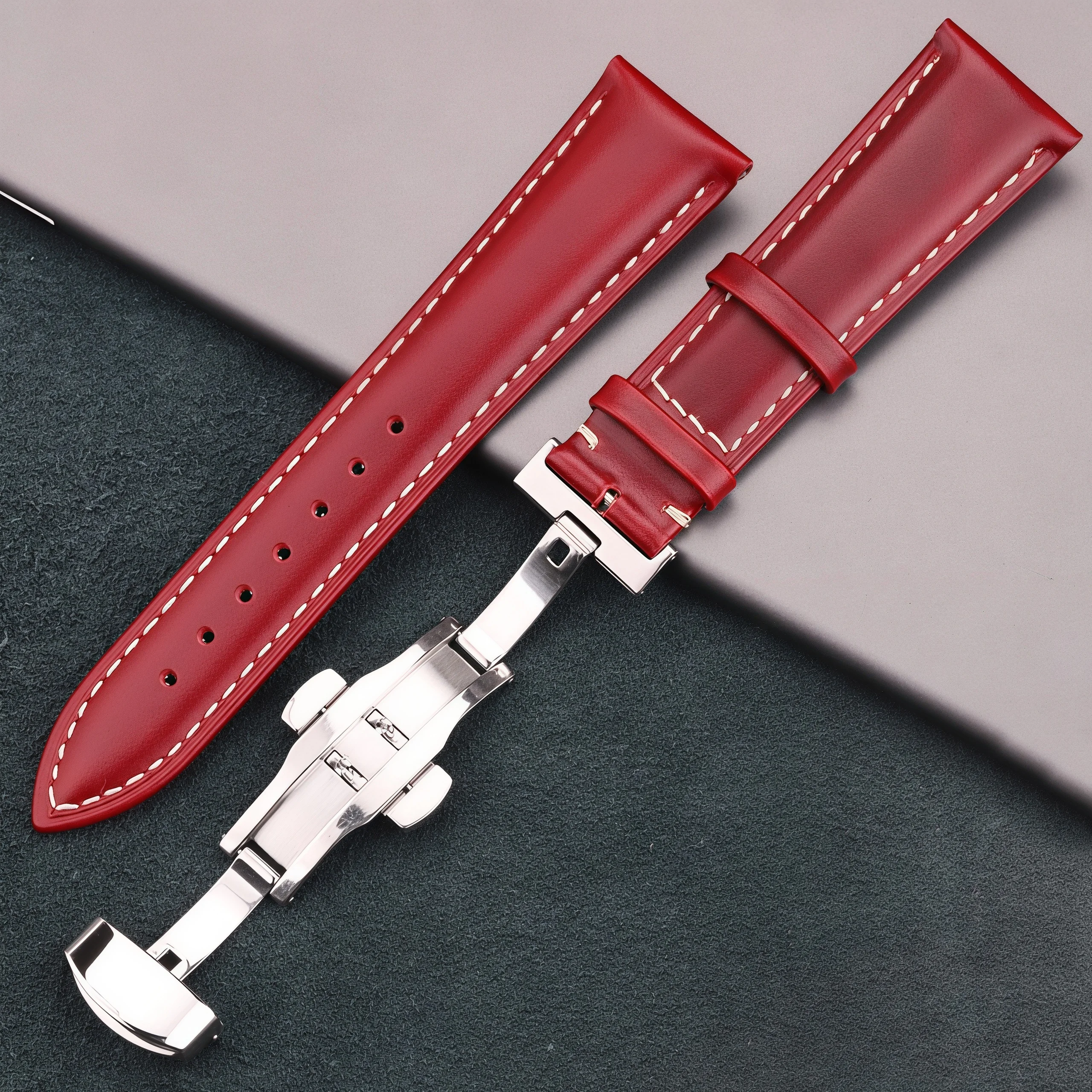 Vintage Cowhide Leather Watch Strap with Butterfly Clasp and Double Push Button Buckle