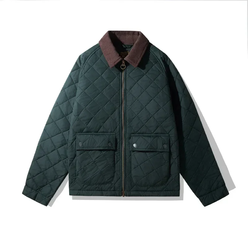 4702 Fashion Brand Warm Coat for Men Corduroy Quited Multi Pockets Zip Up Long Sleeve Plaided Jacket Retro Cotton Padded Parker 3