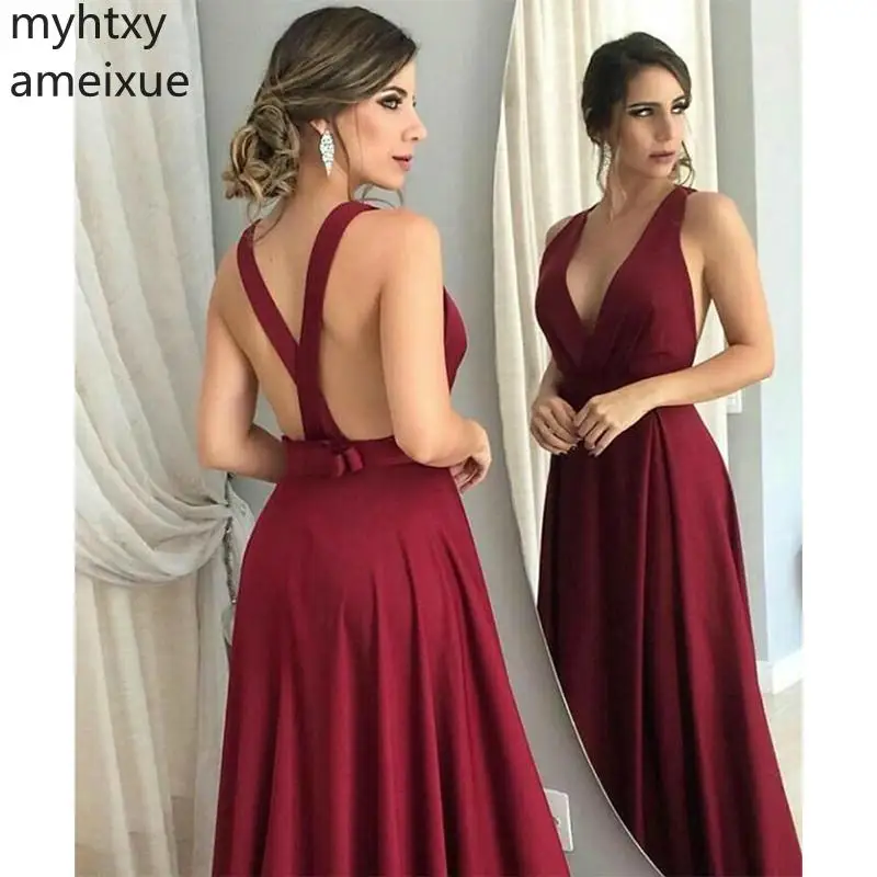 

Elegant Sexy Evening Dress V-neck Burgundy Long Prom Dress Evening Party Dress Fashion Long School Dance Backless Plus