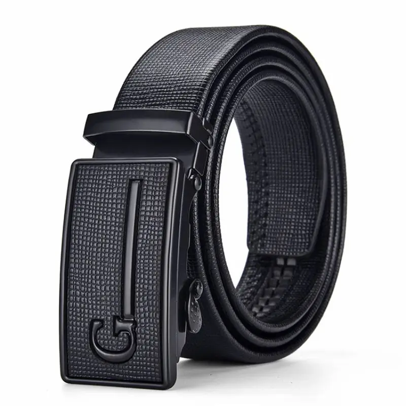 High Quality Men Leather Belt Metal Automatic Buckle Work Business Black Cowskin PU Strap_voghion.com