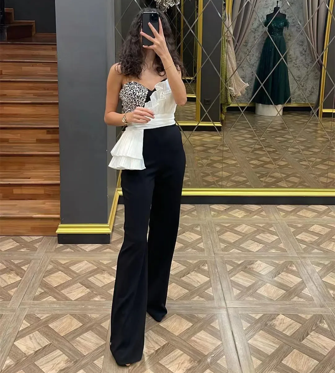 

Daudi Saudi Black Jumpsuits Women Wear Prom Party Sweetheart Beaded Ruched Sash Wedding Guest Dress Long Pant Suits Evening Gown