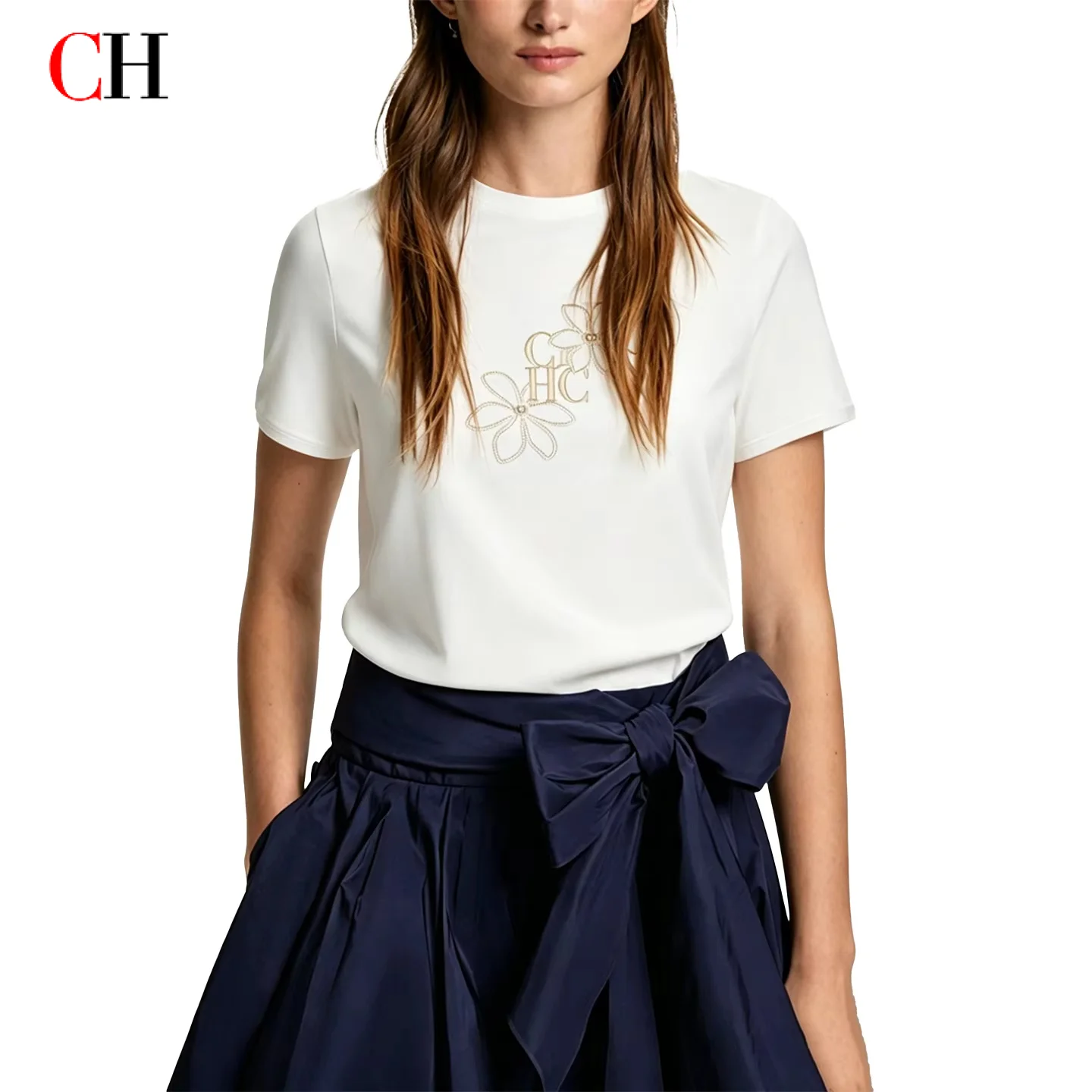 CH Damen-T-Shirt mit Rundhalsausschnitt, weiß, mit Blumenstickerei und Buchstaben-Aufdruck, weiches, lässiges Kurzarm-T-Shirt