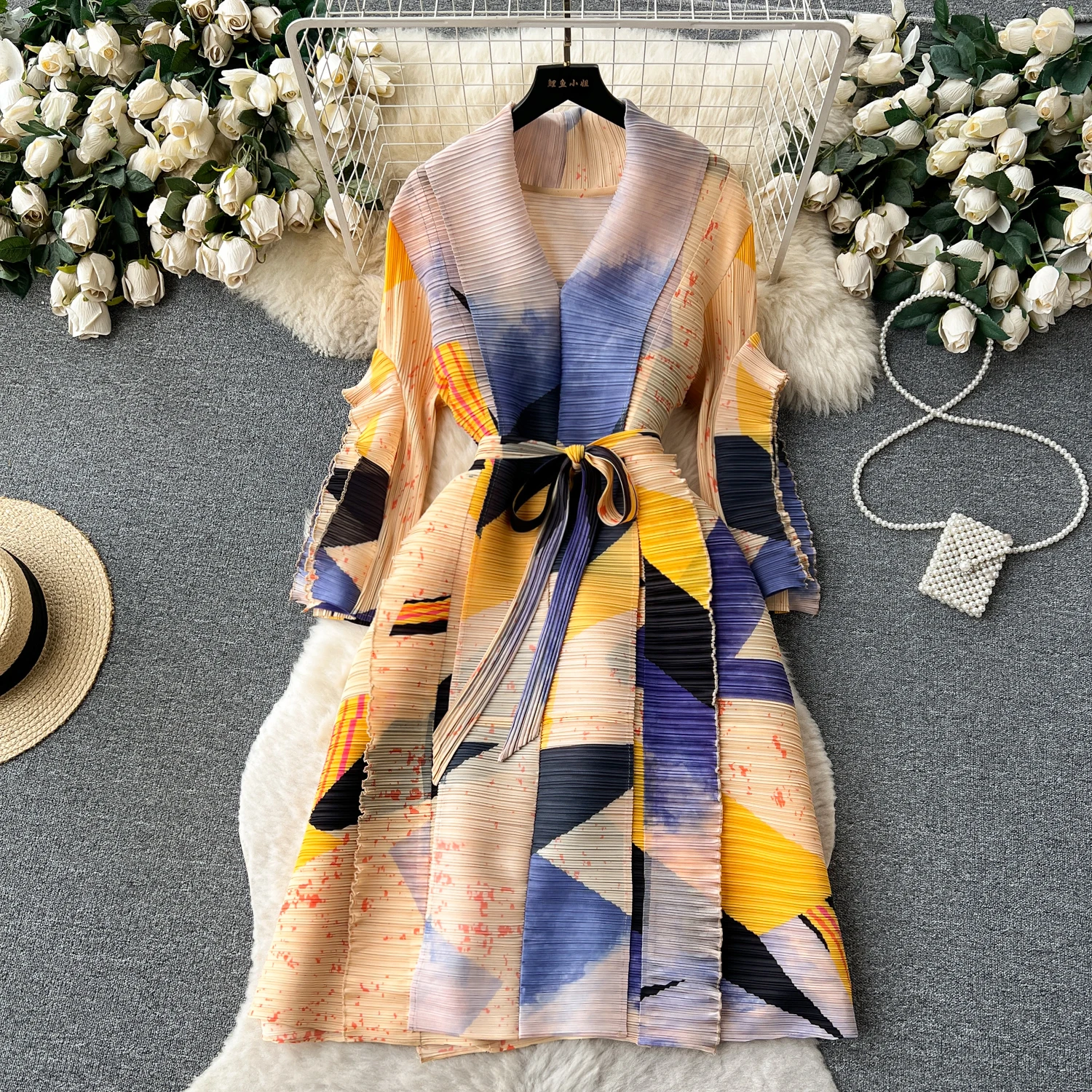 

Vintage Ruffle Bandage Print Vneck High Waist Long Sleeve Dress Chic Summer Beach Vestidos Women Sundress