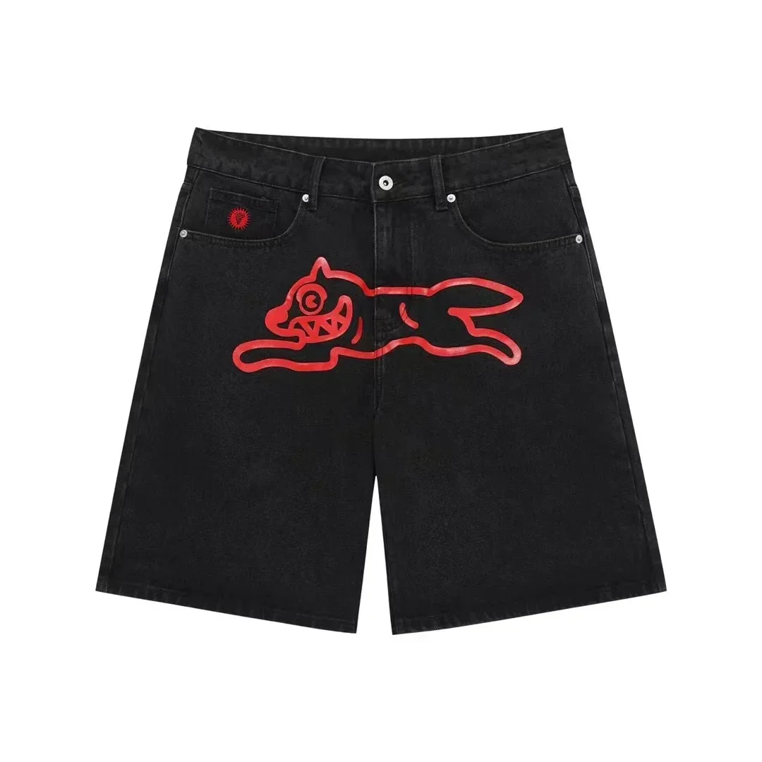 Hip hop Fly Dog print denim shorts men wide leg loose retro jeans Y2k streetwear fashionable shorts Jorts summer new collection
