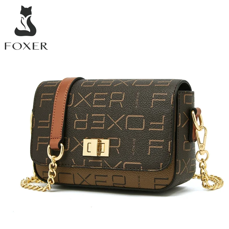 

FOXER Lady PVC Leather Fashion Flap Messenger Bag Brand Women's Signature Shoulder Bag Girl‘s Vintage Chain Buckle Crossbody Bag