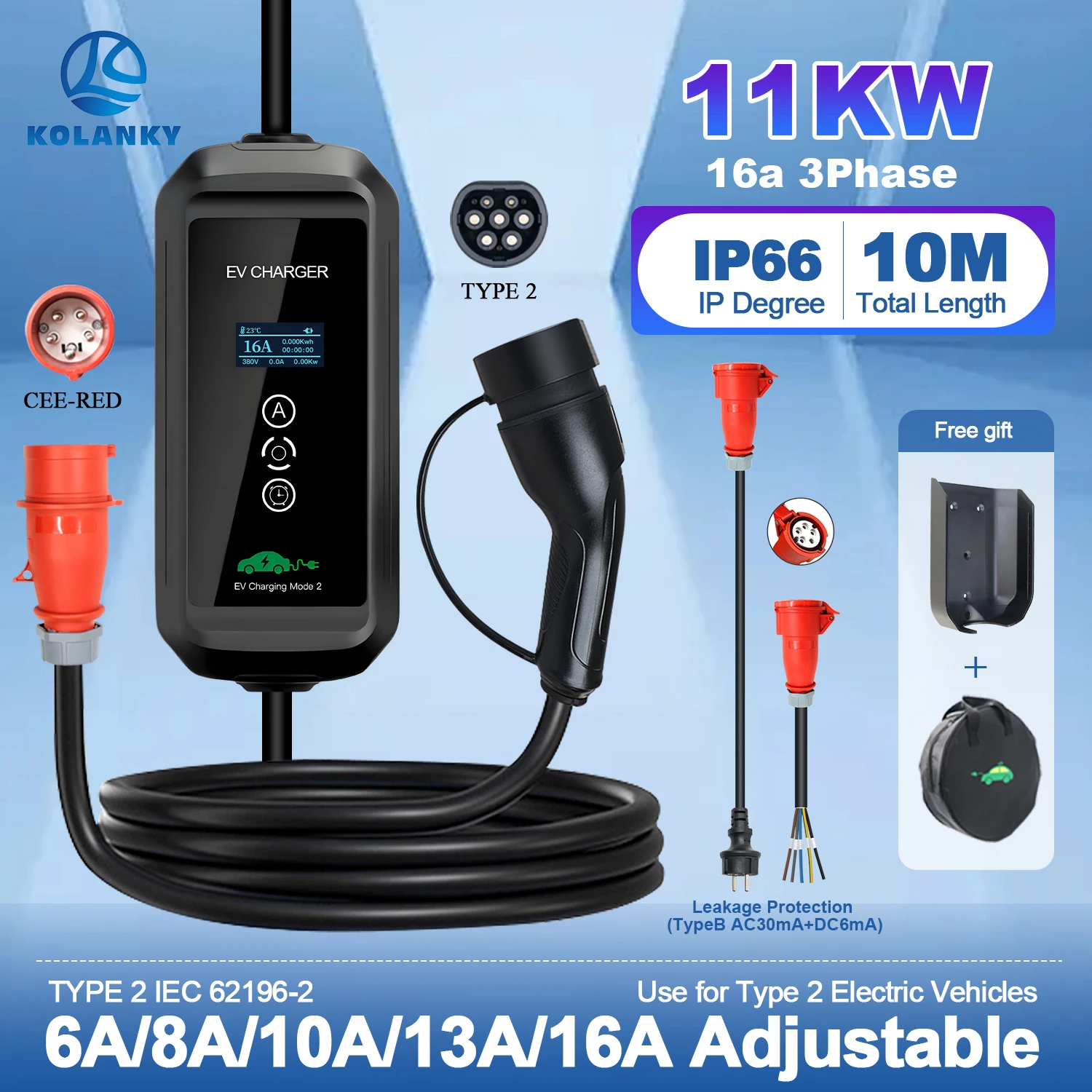 Kolanky 11KW 16A 3P Type 2 chargeur EV Portable câble de chargement EVSE 10m voiture de véhicule électrique