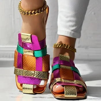 Summer Colorful Fashionable Sexy Casual Soft Luxurious Square Toe Hollow Roman Flat Shoes Model Vacation Comfortable Slippers 1