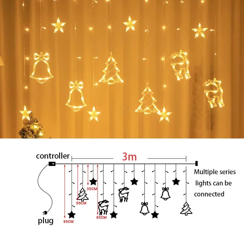 LED Curtain Christmas Lights Deer Bell Star Garland Fairy String Lights New Year Decoration For Wedding Party Holiday 2025_voghion.com