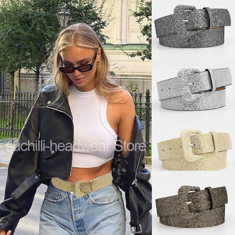 

Fashion Women Vintage Sequin Belts PU Leather Simple Buckle Belt For Girls Dress Jean Pants Belts Luxury Brand Retro Waistbands