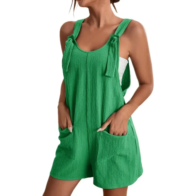 Women Boho Loose Overalls Solid Color Square Collar Playsuits Sleeveless Rompers Summer Casual Clothes Jumpsuit With Pocket 1