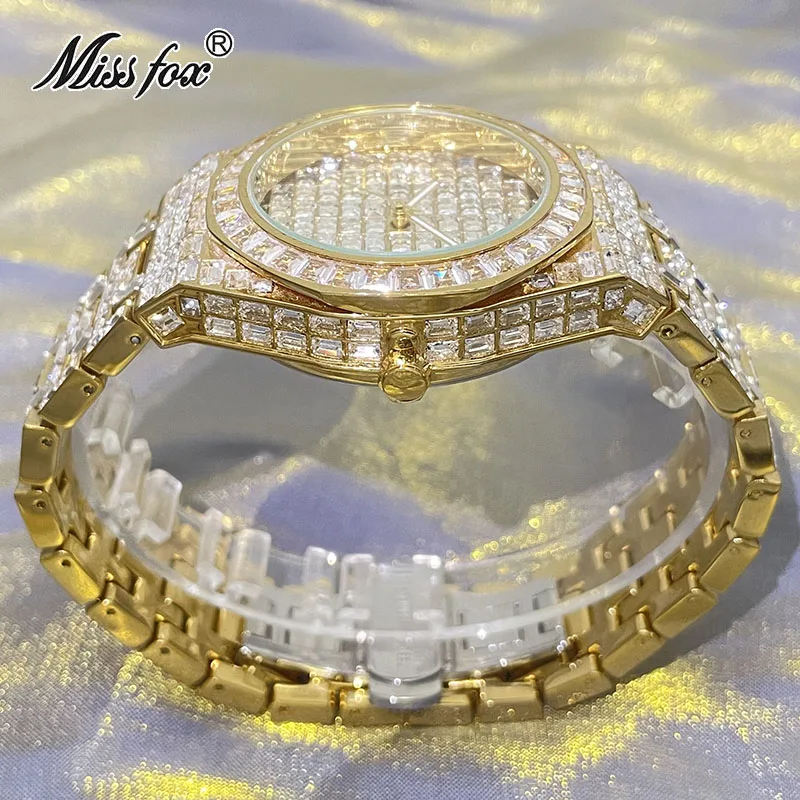 MISSFOX Luxury Gold Men's Watch Hip Hop Iced Out Diamond Fashion Quartz Wristwatches Gift Full Steel Reloj Hombre Free Shipping