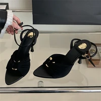 Aneikeh Summer Pointed Toe Thin High Heels Fashion Pleated Metal Buckle Strap Women Sandals Banquet Party Female Mules Shoes - Image 3