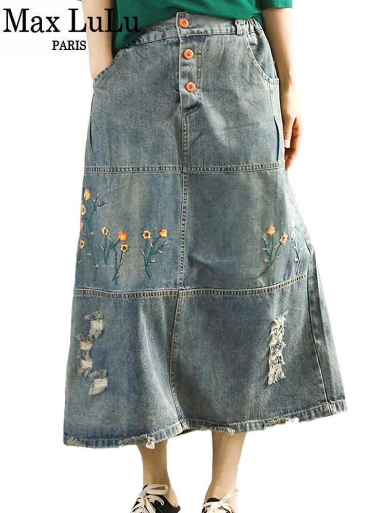 

Max LuLu Summer 2022 Fashion Chinese Style Streetwear Womens Floral Denim Skirts Elastic Jean Clothes Ladies Loose Holes Skirt