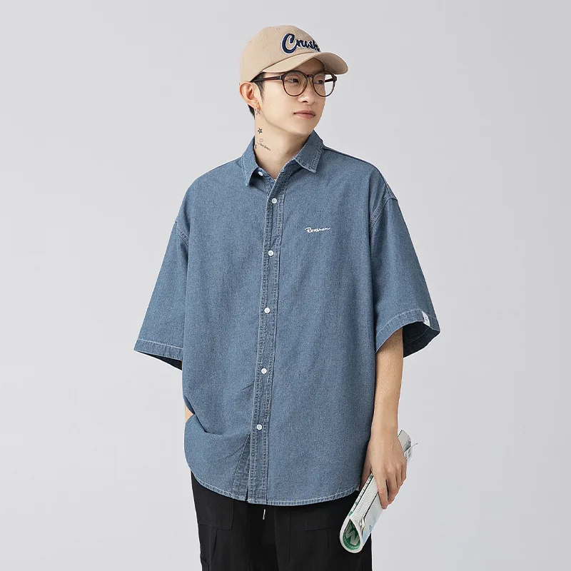 

Spring Summer Fashion Men's Solid Stripes Casual Lapel Denim Shirt Loose Pockets Safari Style Coat Cool Soft Couple's Unisex