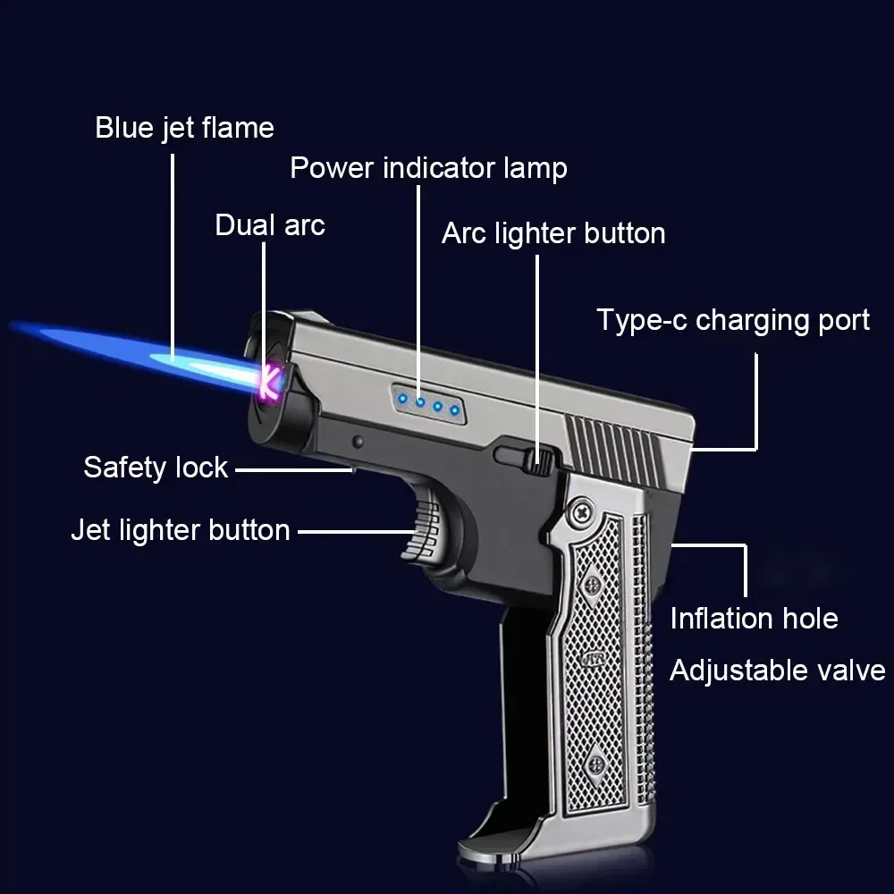 Windproof Folding Gas Electric Dual USB Lighter Metal Turbine Jet Blue Flame Torch Dual Arc Charging Lighter Men's Gift 4