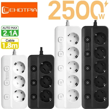 Power Strip EU Plug AC Outlets Multitap Socket 1.8m สายไฟไฟฟ้าอิสระสวิทช์ควบคุมเครือข่ายกรองอะแดปเตอร์ 1