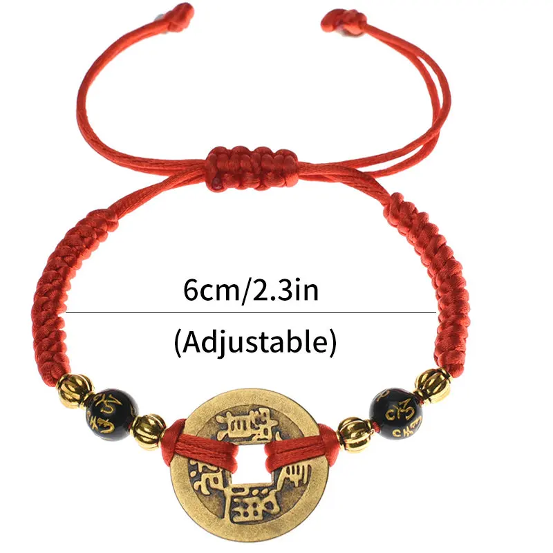 Braccialetto in corda rossa Mxsabrina con cinque monete dell'imperatore cinese Feng Shui con nappa gialla e cinturino rosso Mxsabrina in omaggio Y- 1013, 13.4 inch, Metallo