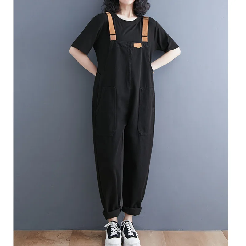#2377 Black Cargo Denim Jumpsuits Women Loose Pencil Harem Denim Overalls Female Korean Style Jeans Rompers Womens Pockets 