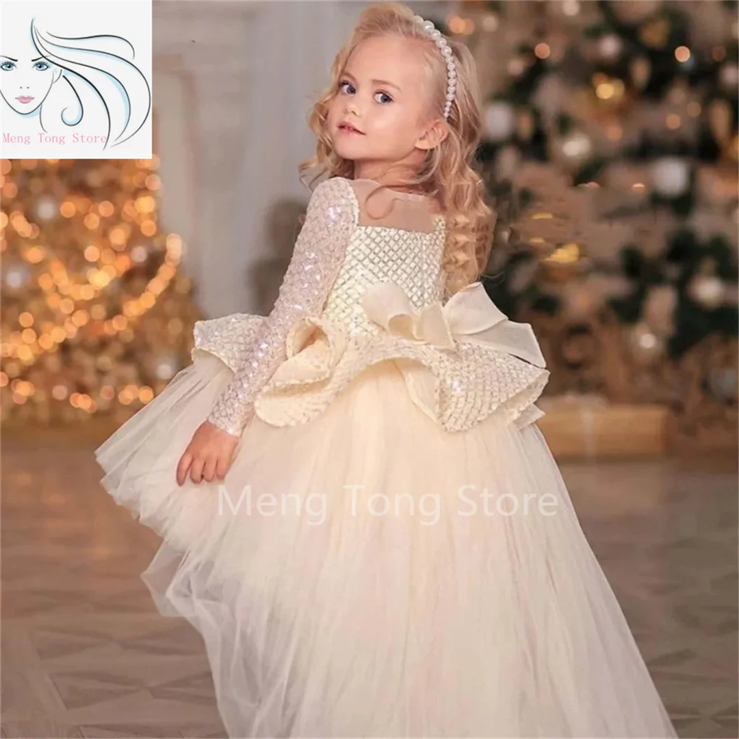 

Tulle Puffy Flower Girl Dresses Sequin Top With Tailing Bow Long Sleeve For Wedding Birthday Party First Communion Gown