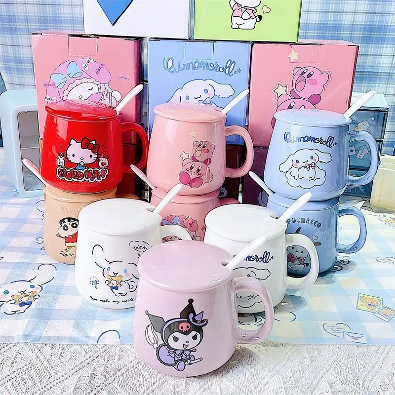 

Sanrio Cartoon Mug Mymelody Kuromi Cinnamoroll Kirby Kawaii Water Cup Ceramic Cup with Lid Spoon Office Coffee Cup
